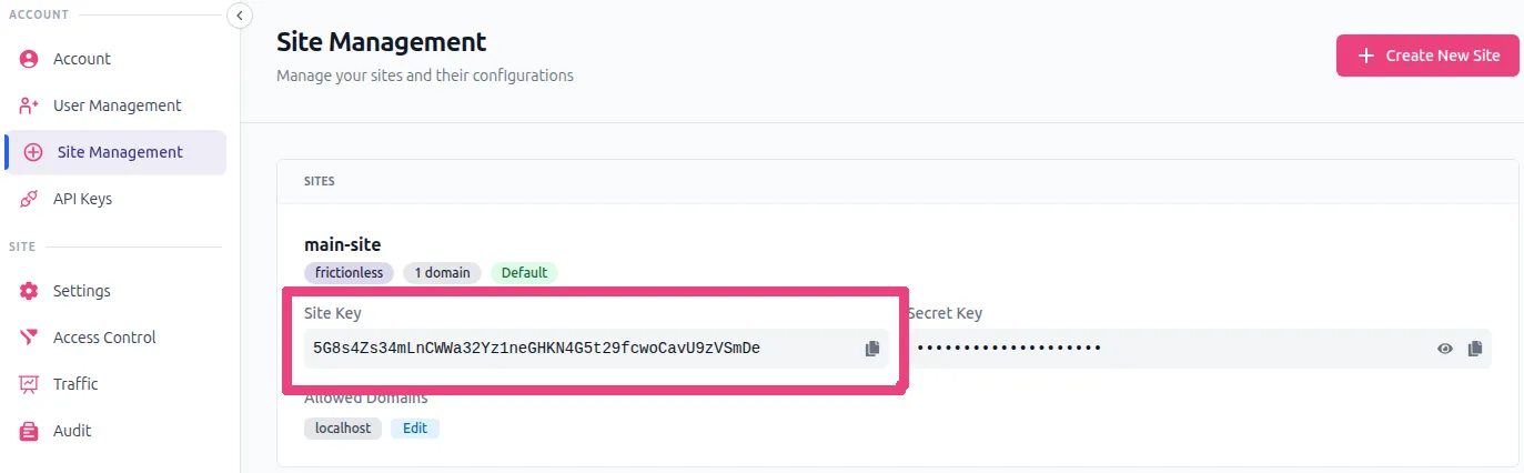 get your site key from the Portal User Info
